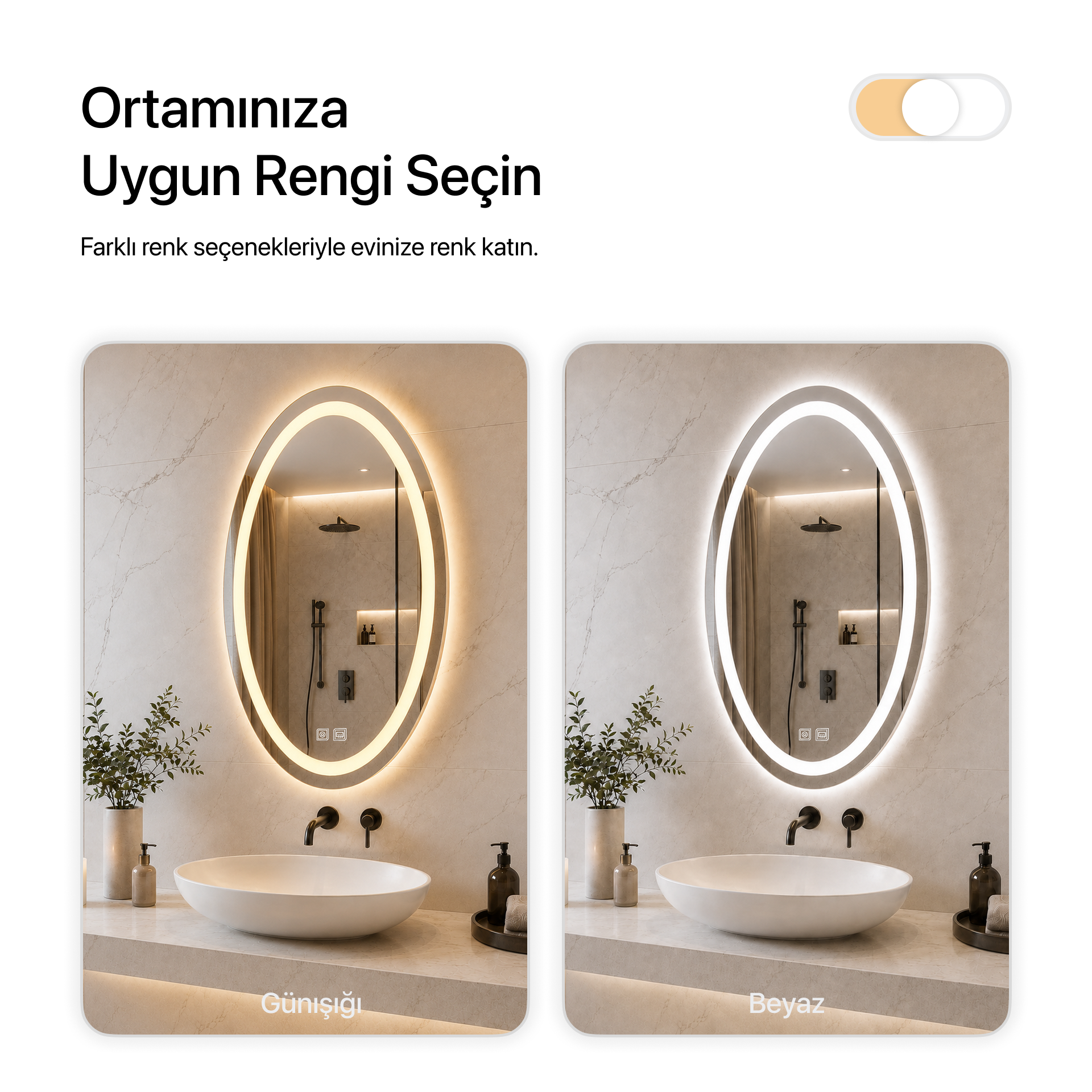Buğu Çözücülü, Dokunmatik Tuşlu, LED Işıklı Elips Banyo Aynası - Beyaz Işık