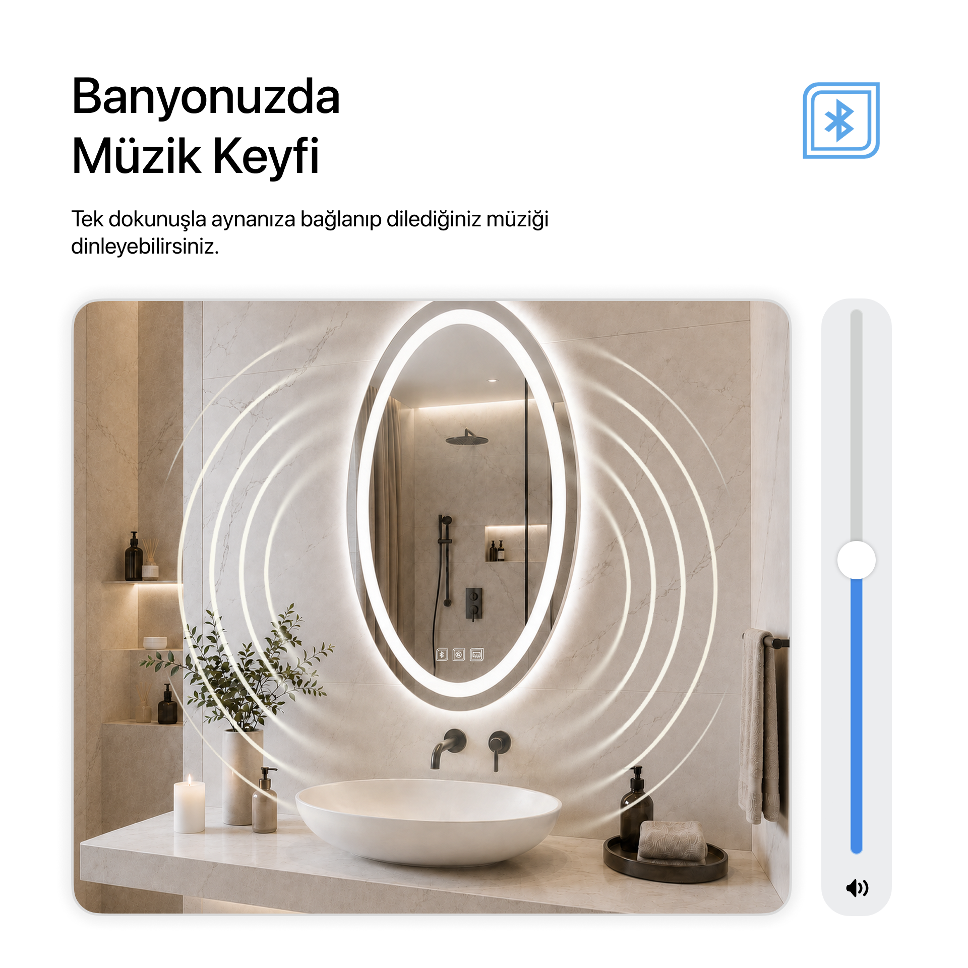 Bluetoothlu, Buğu Çözücülü, Dokunmatik LEDli Elips Ayna - Beyaz Işık