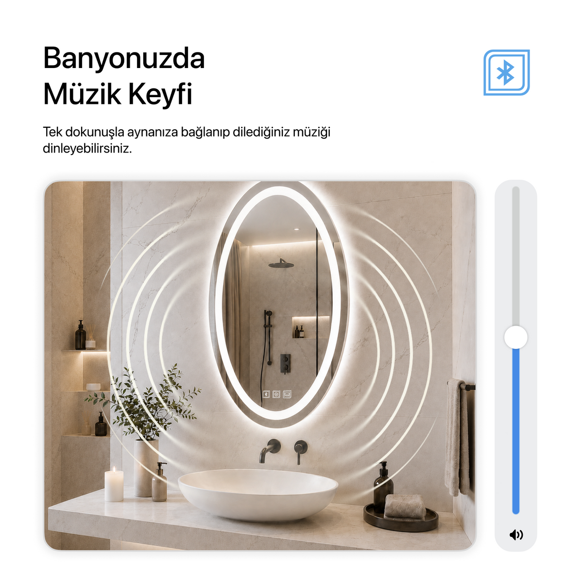 Bluetoothlu, Buğu Çözücülü, Dokunmatik LEDli Elips Ayna - Beyaz Işık