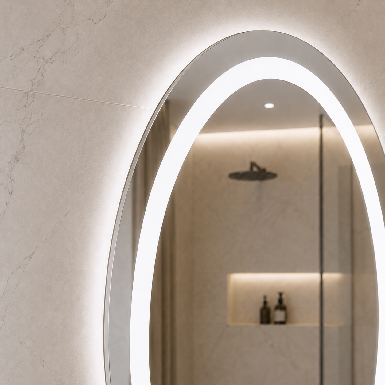 Buğu Çözücülü, Dokunmatik Tuşlu, LED Işıklı Elips Banyo Aynası - Beyaz Işık