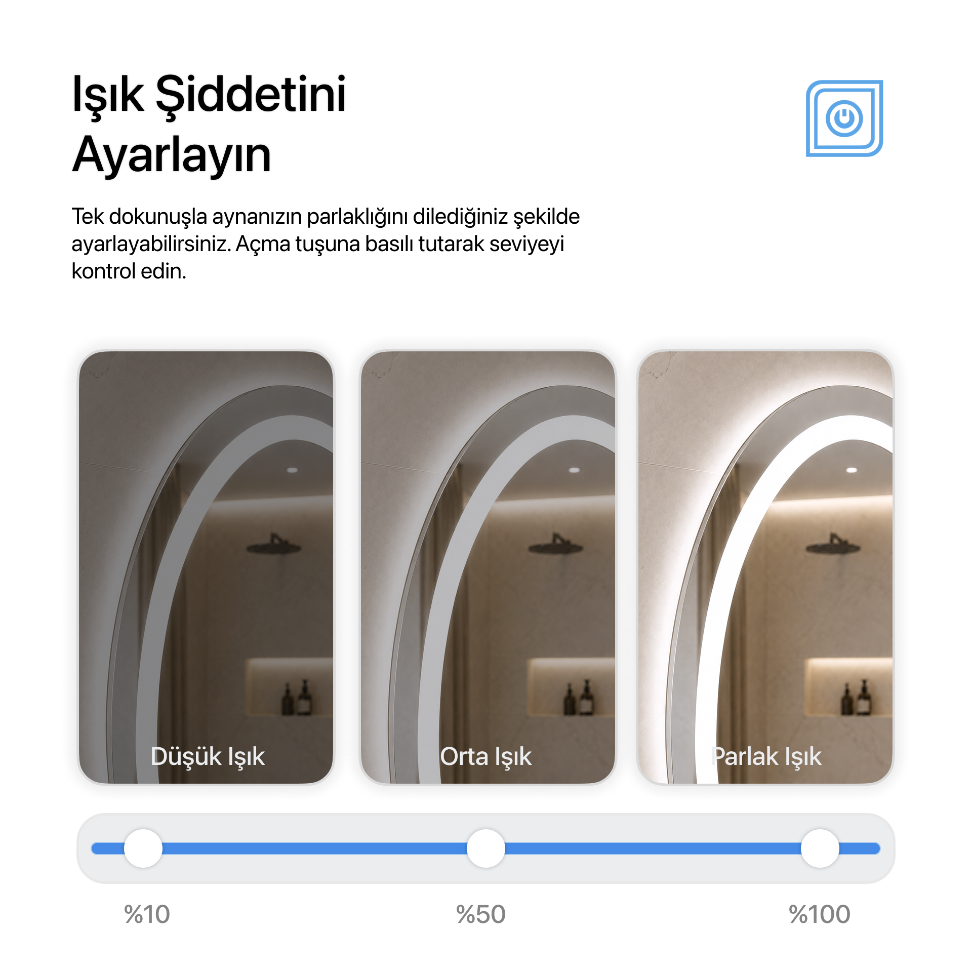 Bluetoothlu, Buğu Çözücülü, Dokunmatik LEDli Elips Ayna - Beyaz Işık