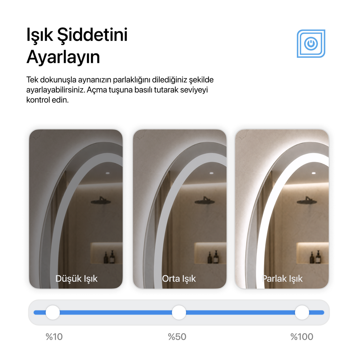 Dokunmatik Tuşlu ve LED Işıklı Elips Banyo Aynası - Beyaz Işık