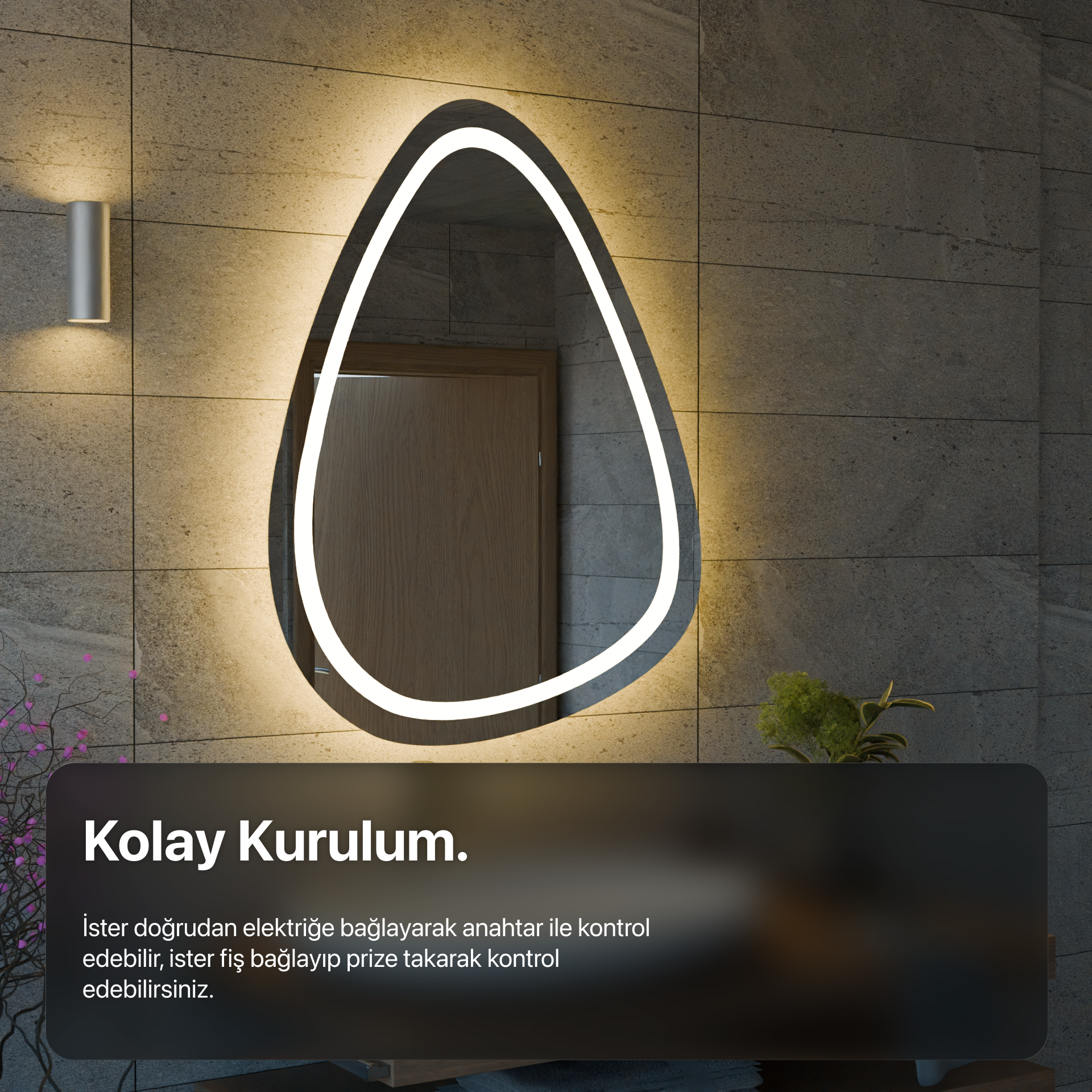 Radiuslu Karo Kumlamasız Dokunmatik, Buğu Önleyicili & Bluetooth’lu LED Ayna