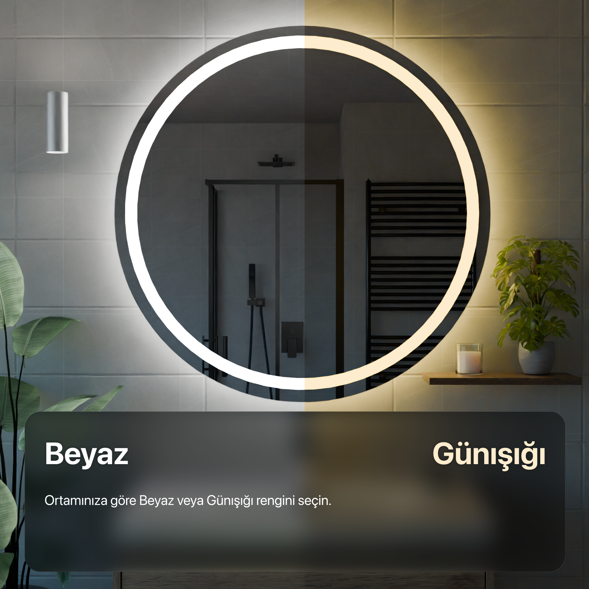 Bluetoothlu, Buğu Çözücülü, Dokunmatik LEDli Yuvarlak Ayna - Gün Işığı