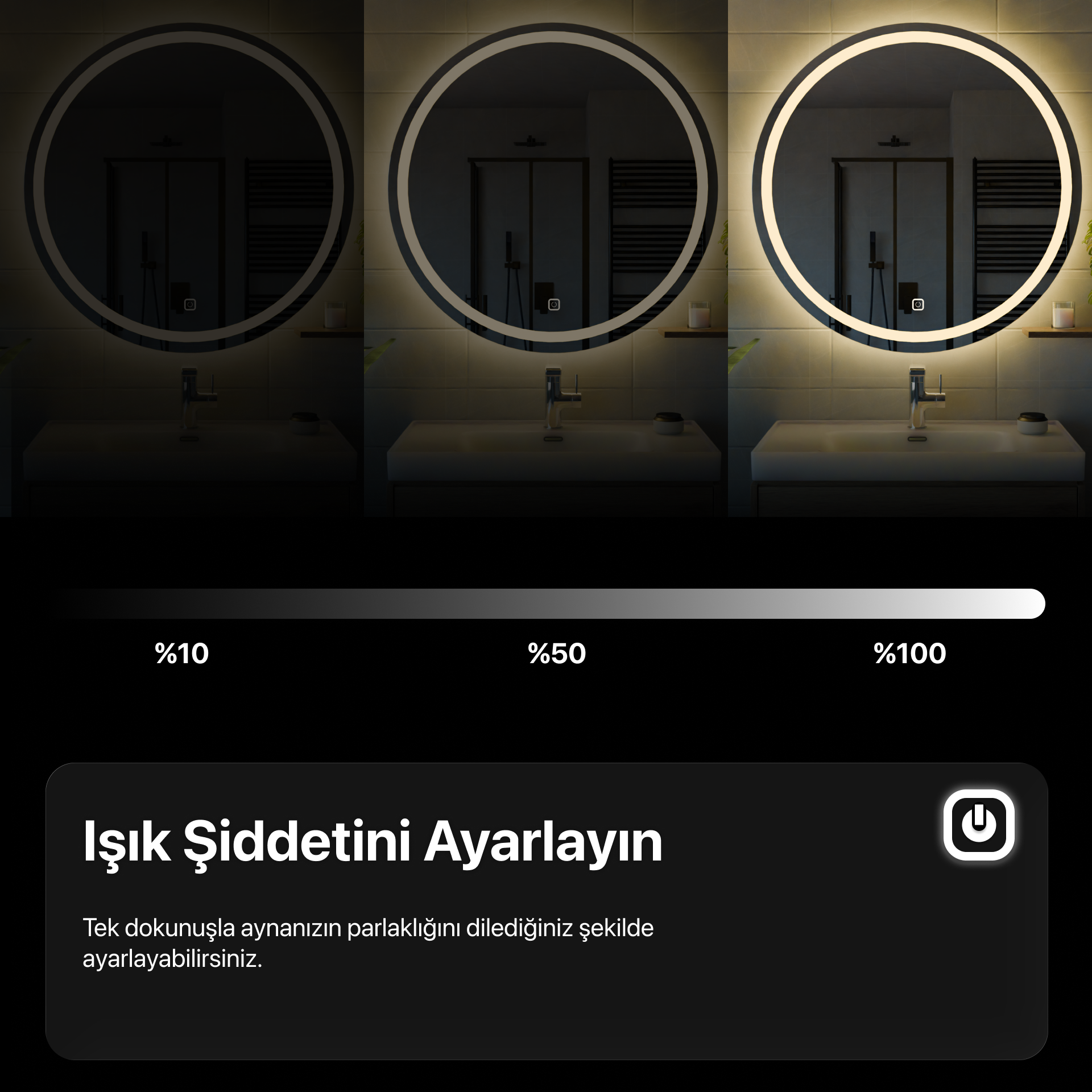 Buğu Çözücülü, Dokunmatik Tuşlu, LED Işıklı Oval Banyo Aynası - Beyaz Işık