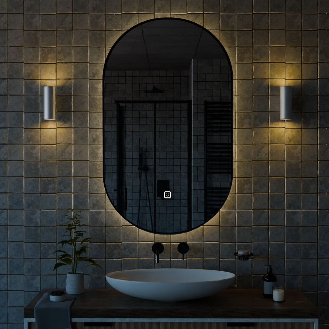 Kumlamasız Dokunmatik Tuşlu ve LED Işıklı Oval Banyo Aynası - Gün Işığı