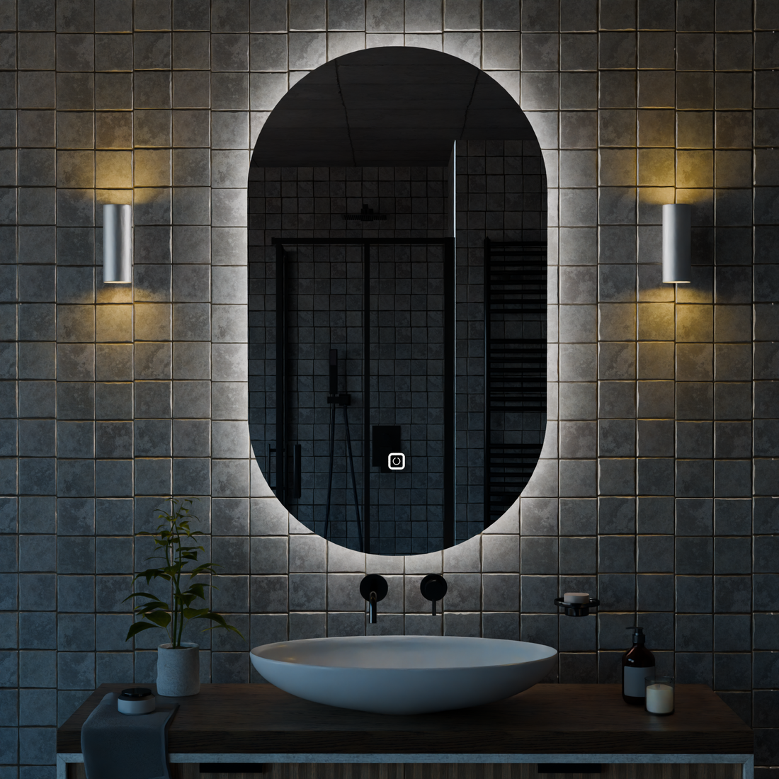 Kumlamasız Dokunmatik Tuşlu ve LED Işıklı Oval Banyo Aynası - Beyaz Işık