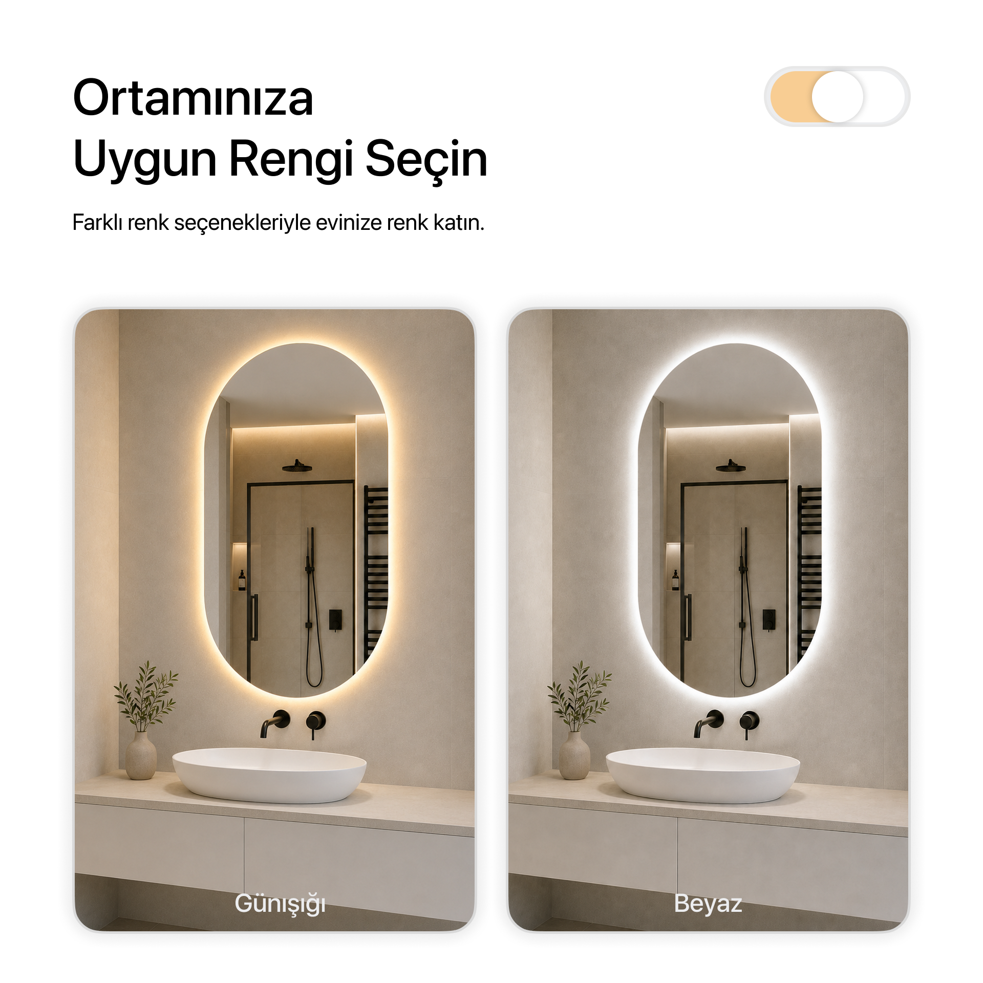 Kumlamasız LED Işıklı Oval Banyo Aynası - Gün Işığı