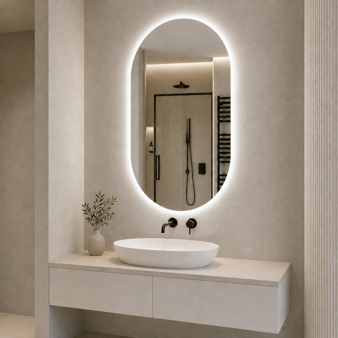 Kumlamasız LED Işıklı Oval Banyo Aynası - Beyaz Işık