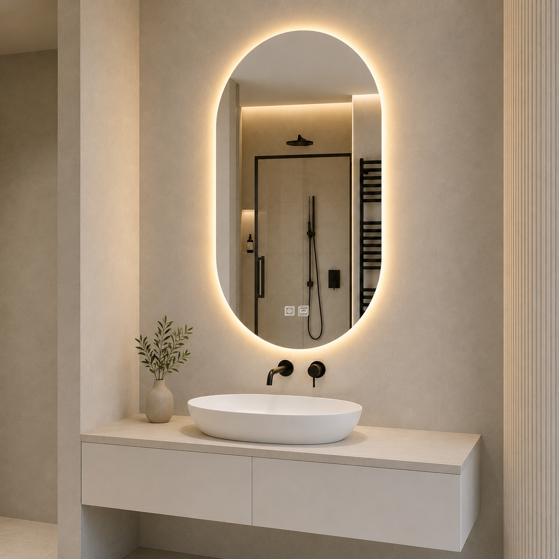 Kumlamasız Buğu Çözücülü, Dokunmatik Tuşlu, LED Işıklı Oval Banyo Aynası - Gün Işığı