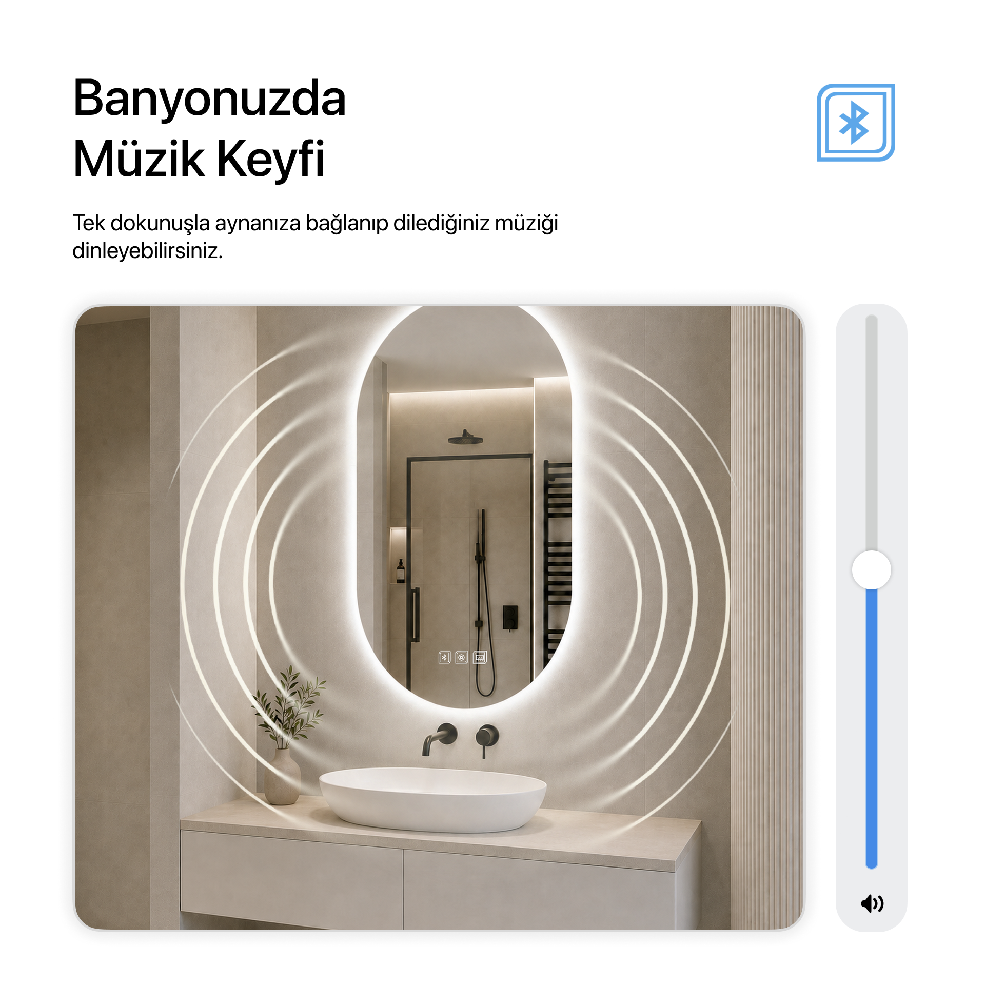 Kumlamasız Bluetoothlu, Buğu Çözücülü, Dokunmatik LEDli Oval Ayna - Beyaz Işık