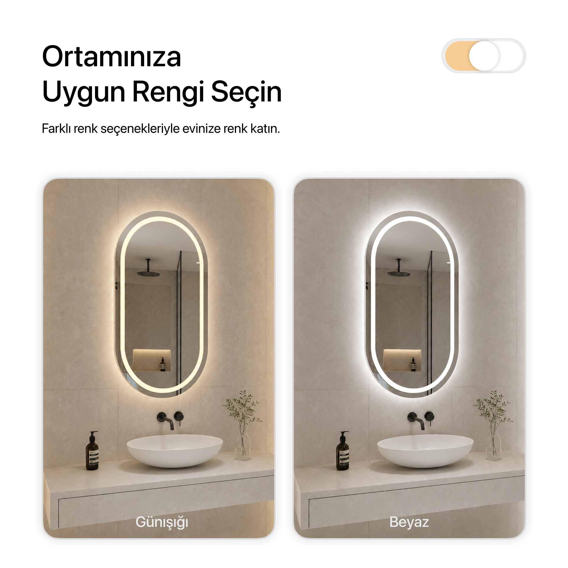 LED Işıklı Oval Banyo Aynası - Beyaz Işık