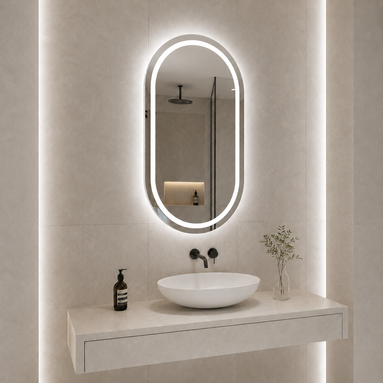 LED Işıklı Oval Banyo Aynası - Beyaz Işık