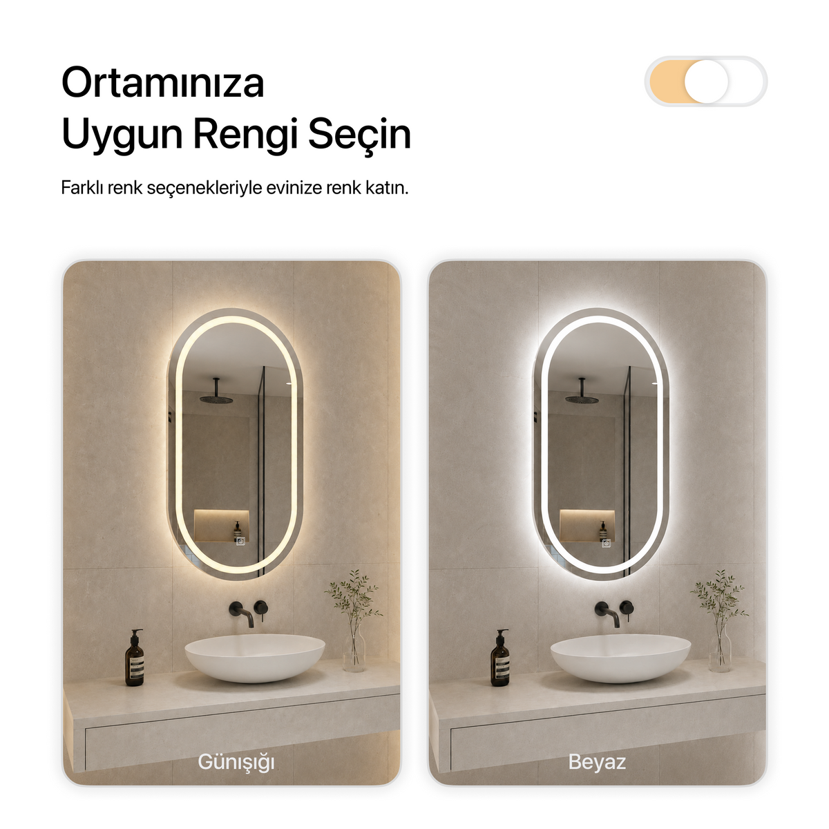Dokunmatik Tuşlu ve LED Işıklı Oval Banyo Aynası - Beyaz Işık