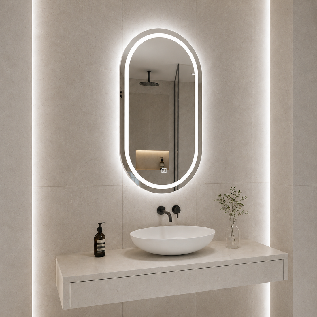 Dokunmatik Tuşlu ve LED Işıklı Oval Banyo Aynası - Beyaz Işık