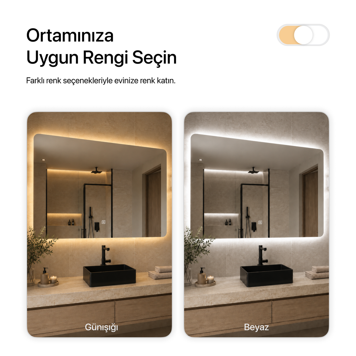 Kumlamasız Dokunmatik Tuşlu ve LED Işıklı Dikdörtgen Banyo Aynası - Gün Işığı