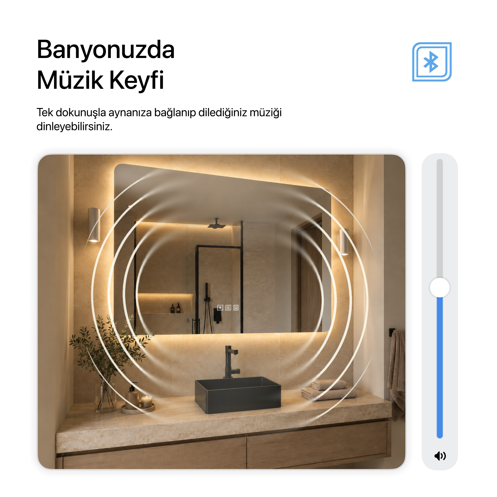 Kumlamasız Bluetoothlu, Buğu Çözücülü, Dokunmatik LEDli Dikdörtgen Ayna - Gün Işığı