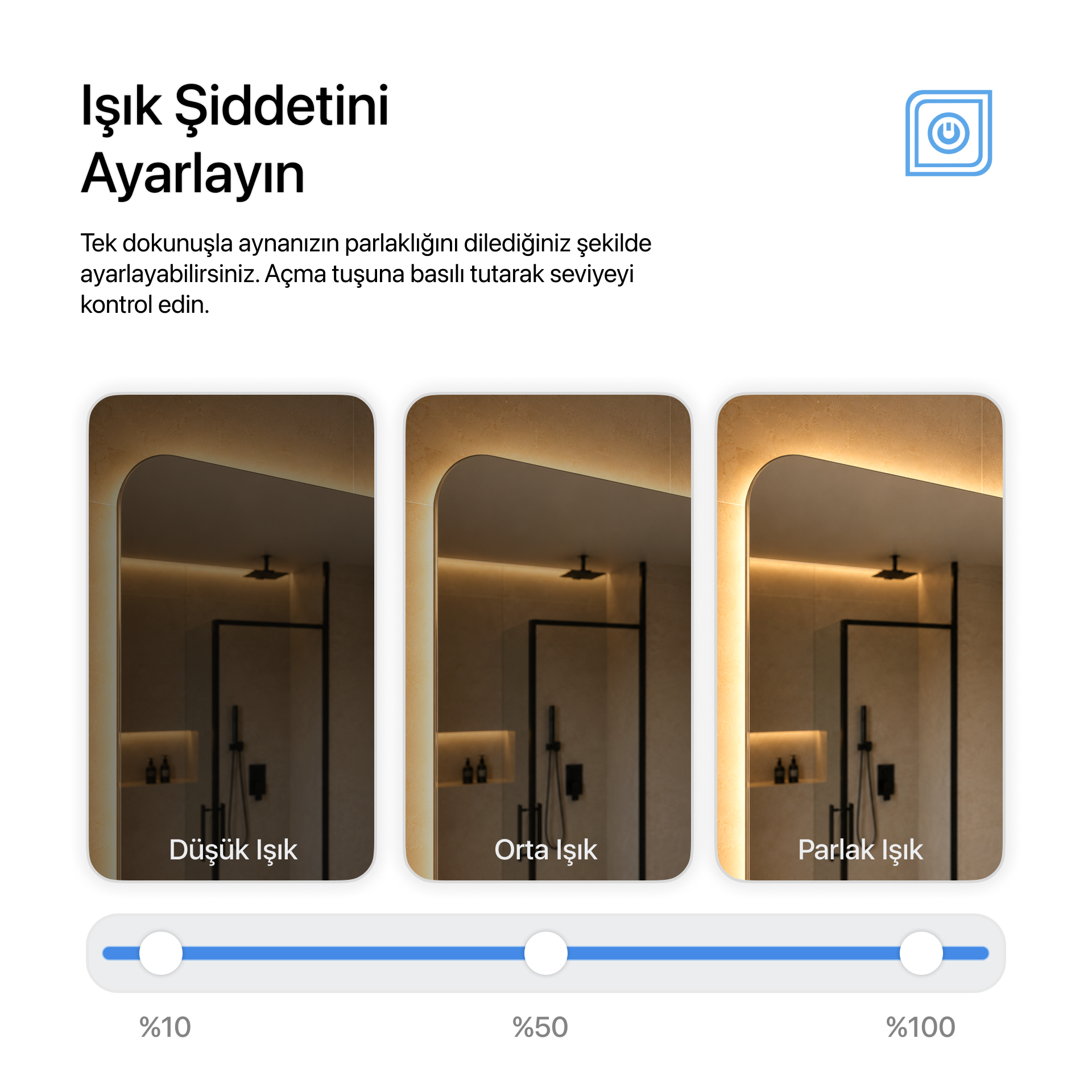Kumlamasız Bluetoothlu, Buğu Çözücülü, Dokunmatik LEDli Dikdörtgen Ayna - Gün Işığı