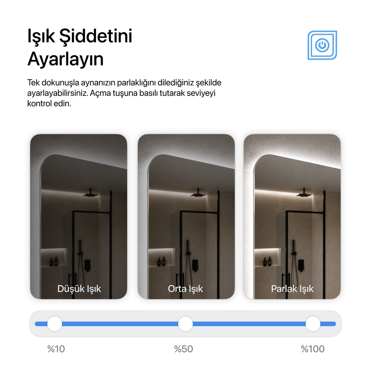 Kumlamasız Dokunmatik Tuşlu ve LED Işıklı Dikdörtgen Banyo Aynası - Beyaz Işık