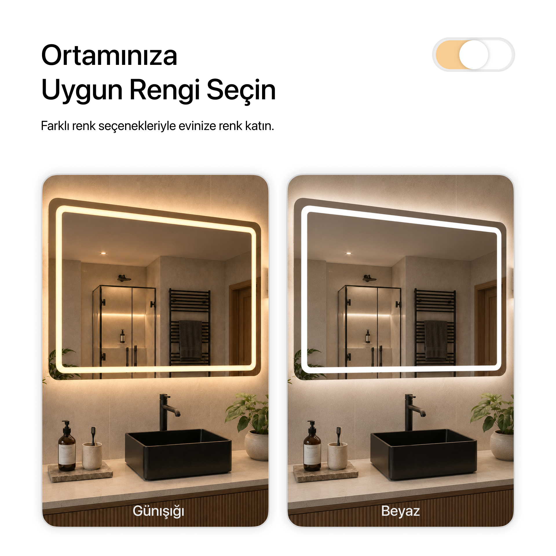 LED Işıklı Dikdörtgen Banyo Aynası - Gün Işığı