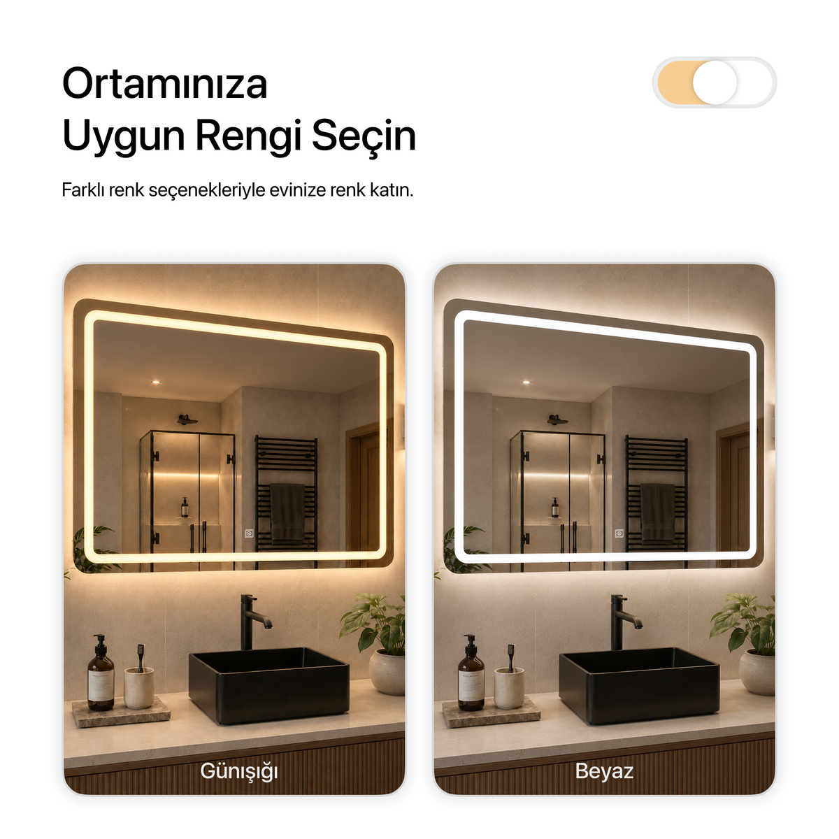 Dokunmatik Tuşlu ve LED Işıklı Dikdörtgen Banyo Aynası - Beyaz Işık