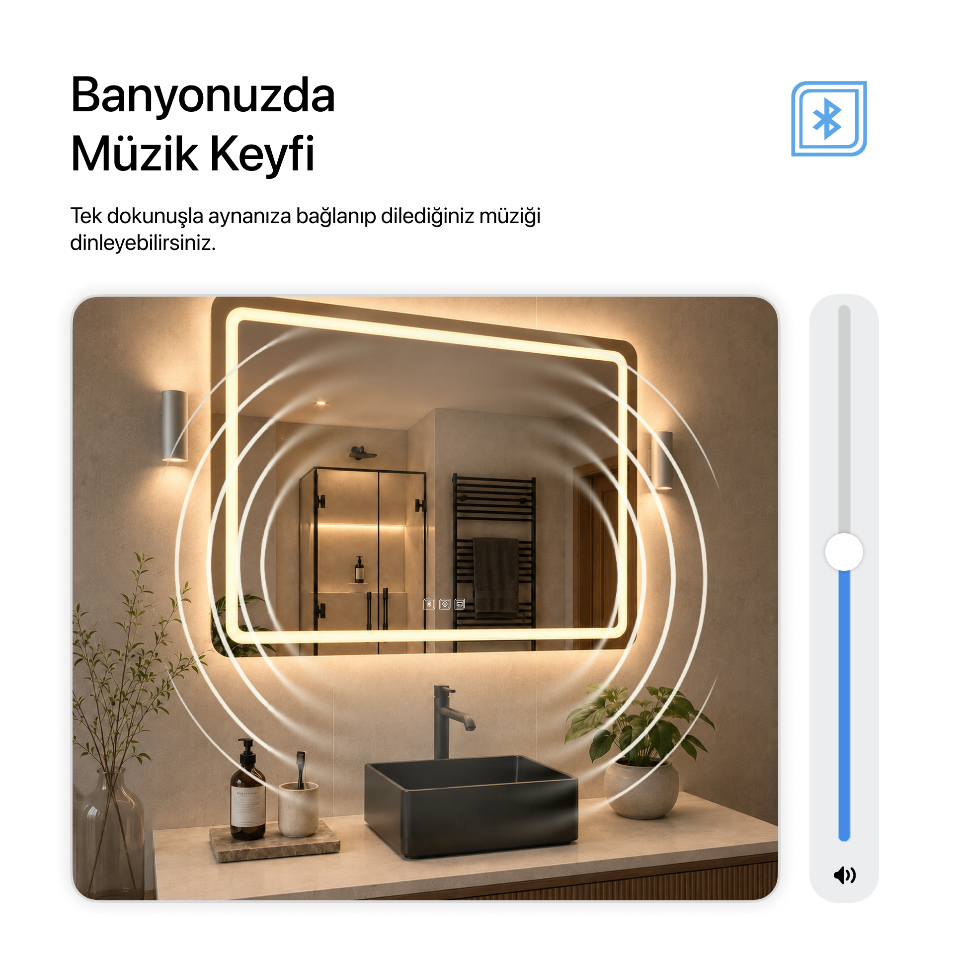 Bluetoothlu, Buğu Çözücülü, Dokunmatik LEDli Dikdörtgen Ayna - Gün Işığı