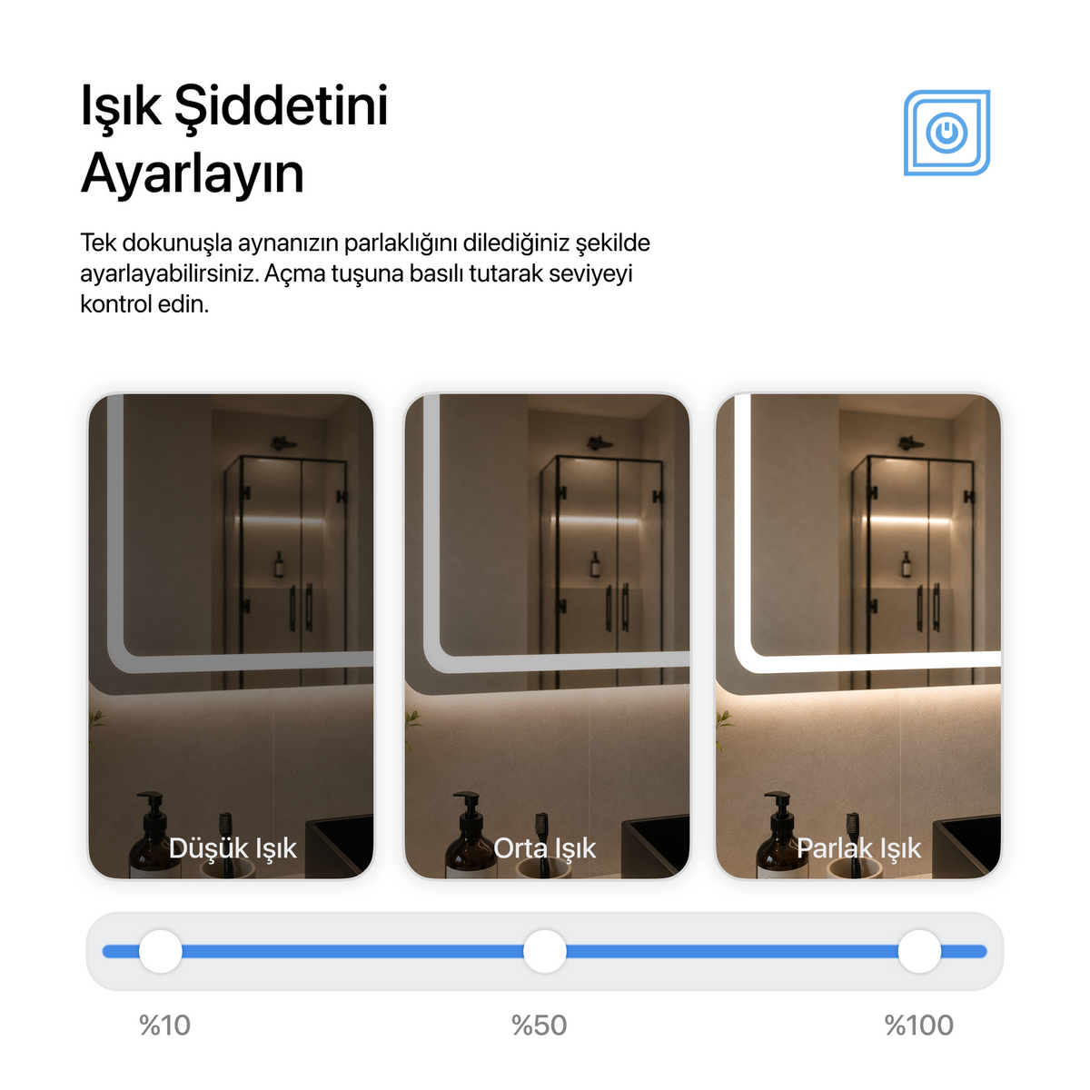 Dokunmatik Tuşlu ve LED Işıklı Dikdörtgen Banyo Aynası - Beyaz Işık