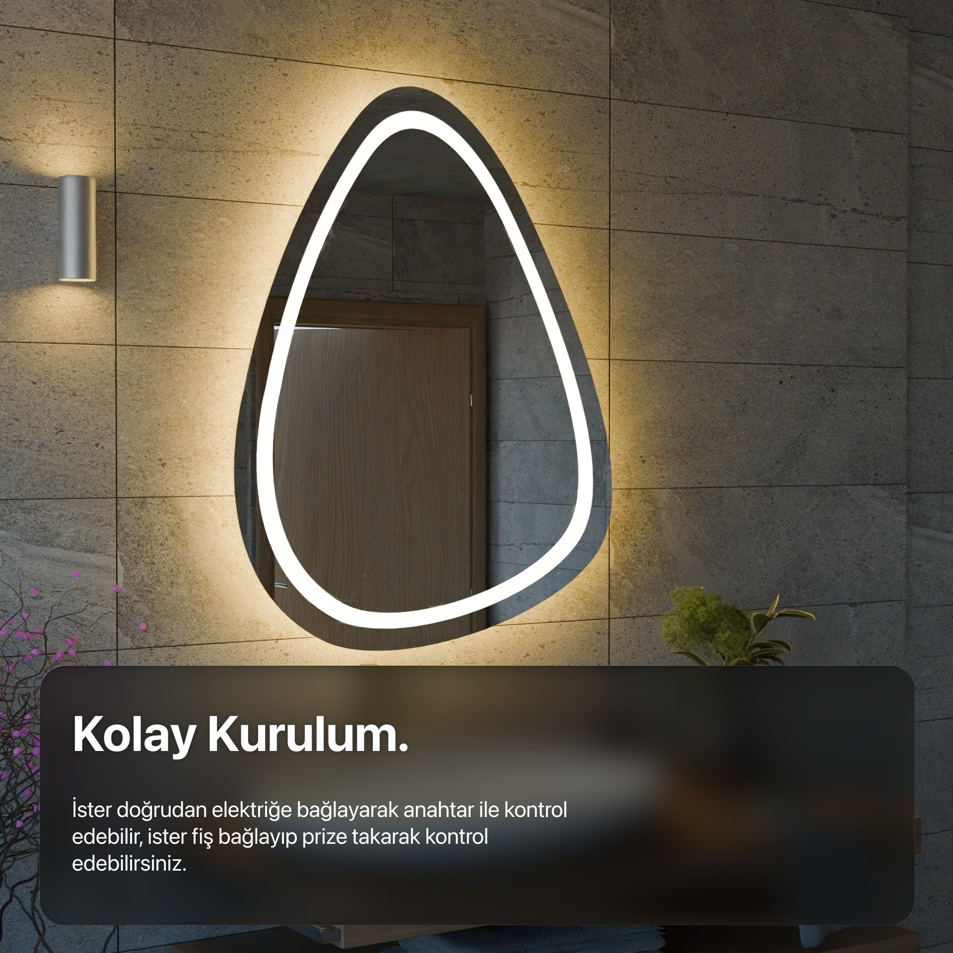 Arven Design kırık cam desenli, gün ışığı LED aydınlatmalı dekoratif organik formlu banyo aynası
