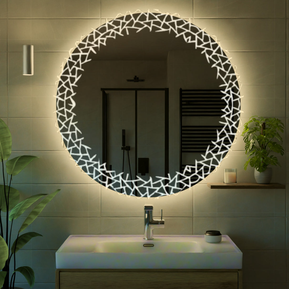 Arven Design yuvarlak kırık cam desenli gün ışığı LED ayna, banyo dekorasyonu için modern ve şık aydınlatmalı tasarım