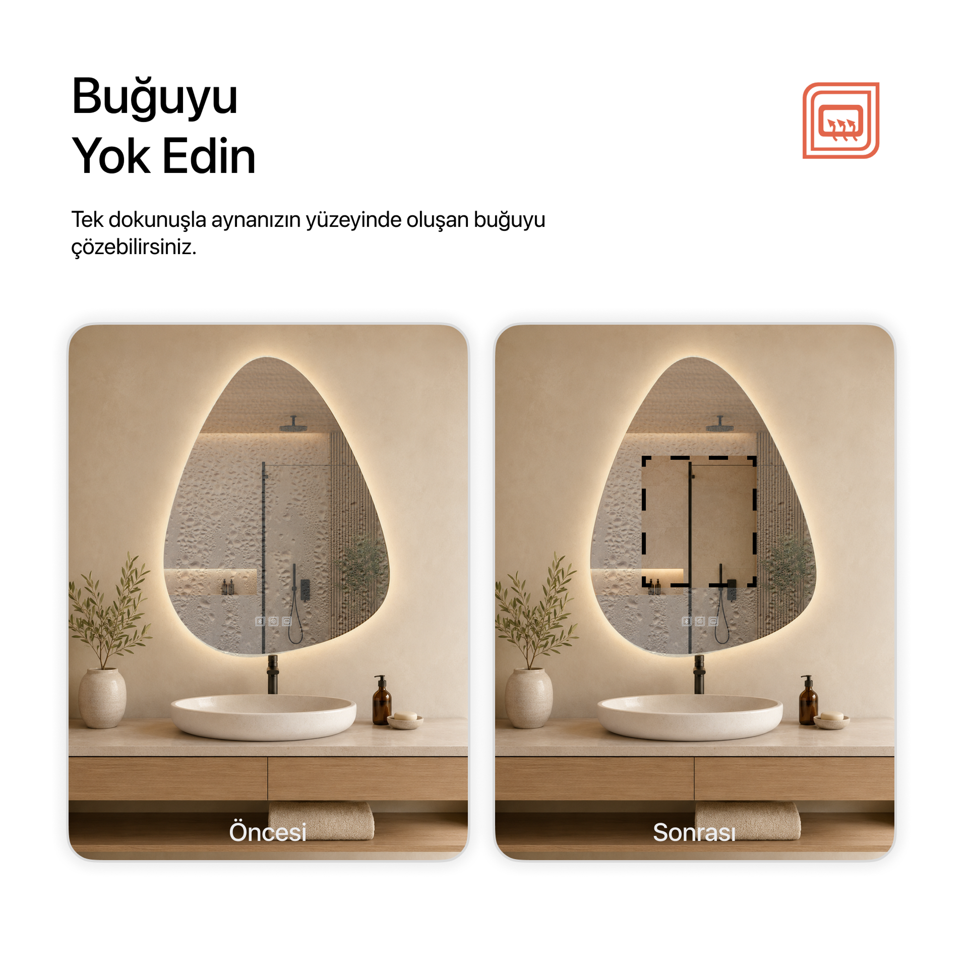 Kumlamasız Bluetoothlu, Buğu Çözücülü, Dokunmatik LEDli Asimetrik Ayna - Gün Işığı