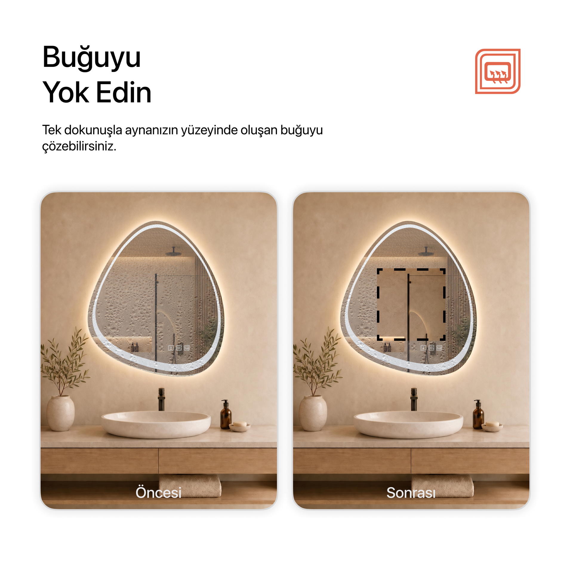 Bluetoothlu, Buğu Çözücülü, Dokunmatik LEDli Asimetrik Ayna - Gün Işığı