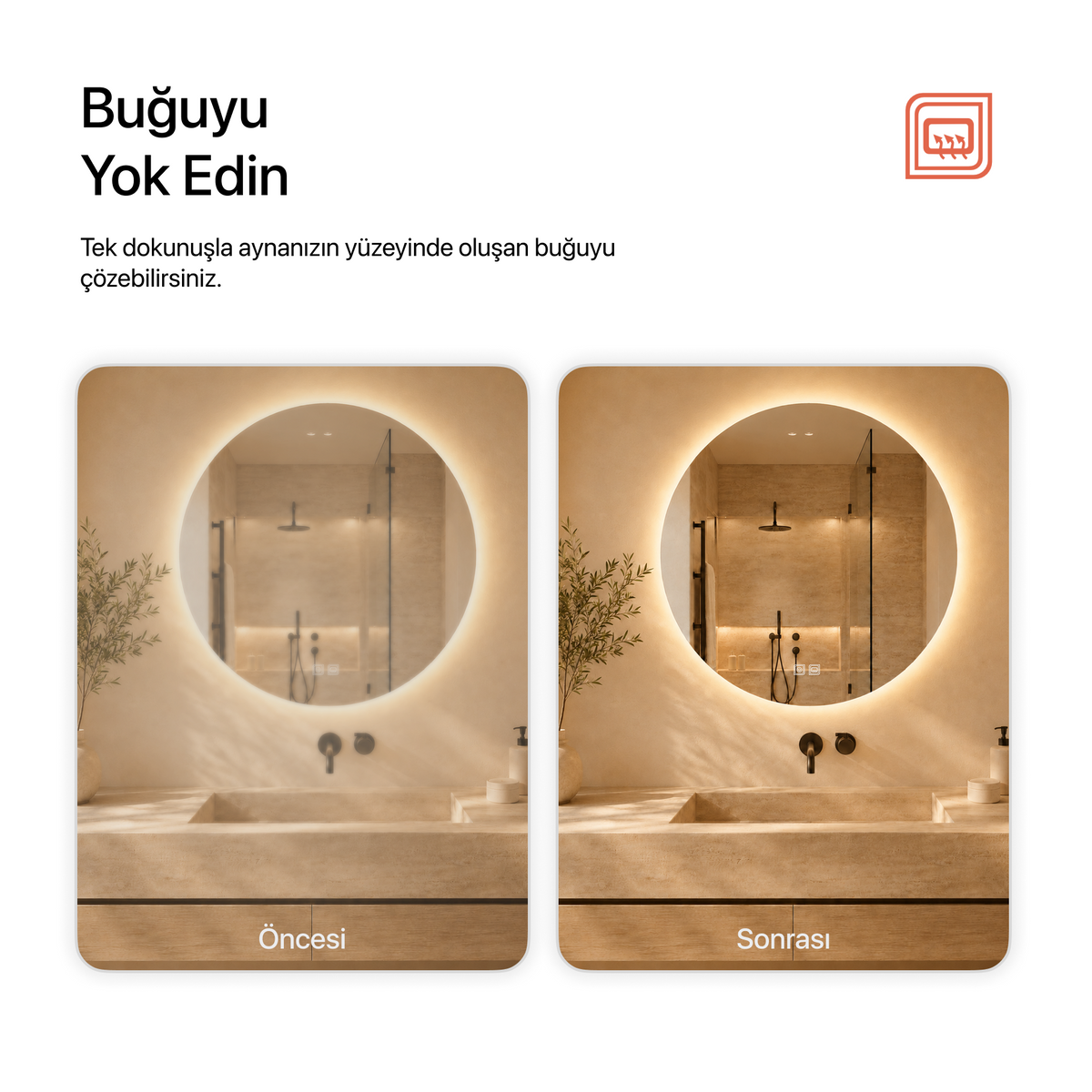 Kumlamasız Buğu Çözücülü, Dokunmatik Tuşlu, LED Işıklı Yuvarlak Banyo Aynası - Gün Işığı