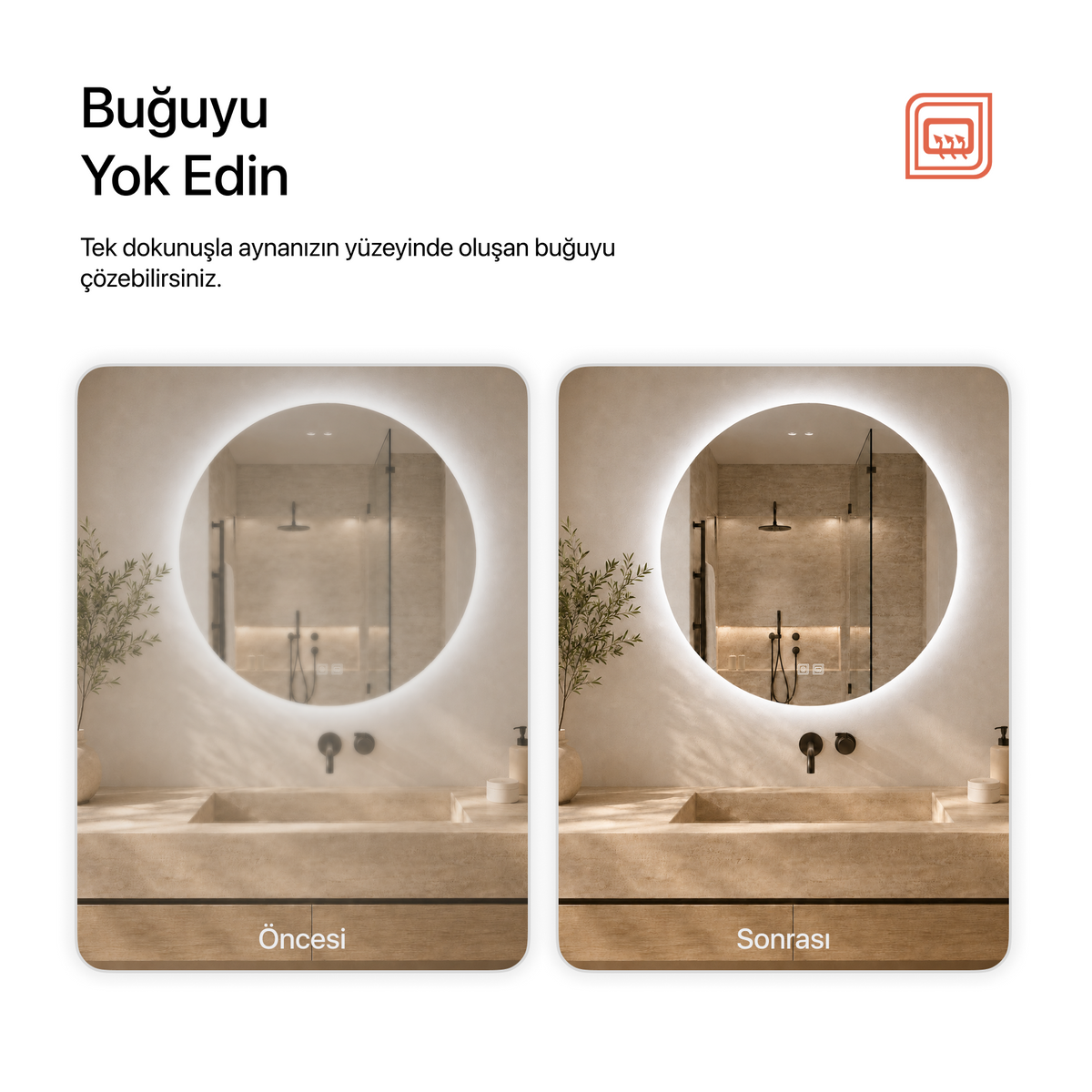 Kumlamasız Buğu Çözücülü, Dokunmatik Tuşlu, LED Işıklı Yuvarlak Banyo Aynası - Beyaz Işık