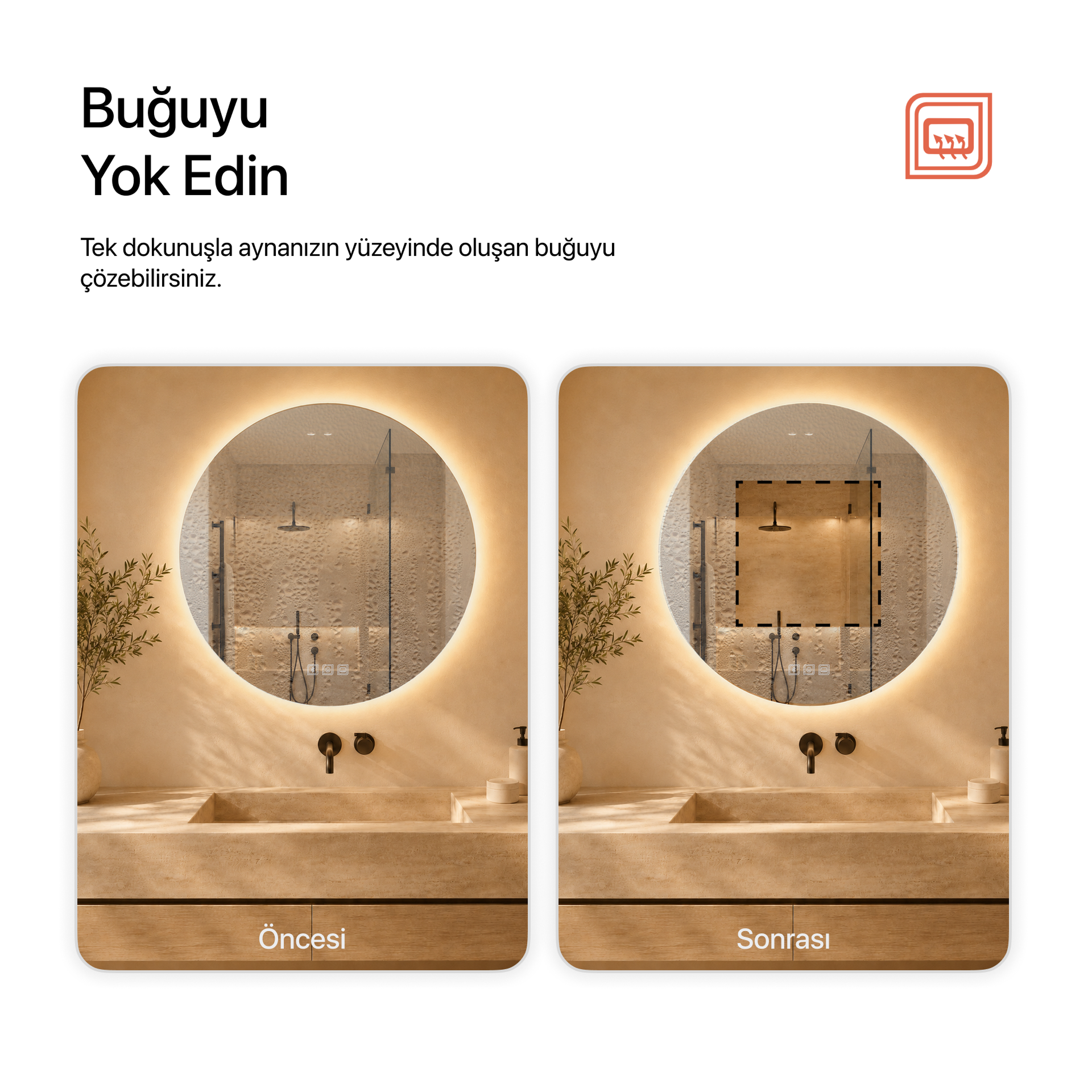 Kumlamasız Bluetoothlu, Buğu Çözücülü, Dokunmatik LEDli Yuvarlak Ayna - Gün Işığı