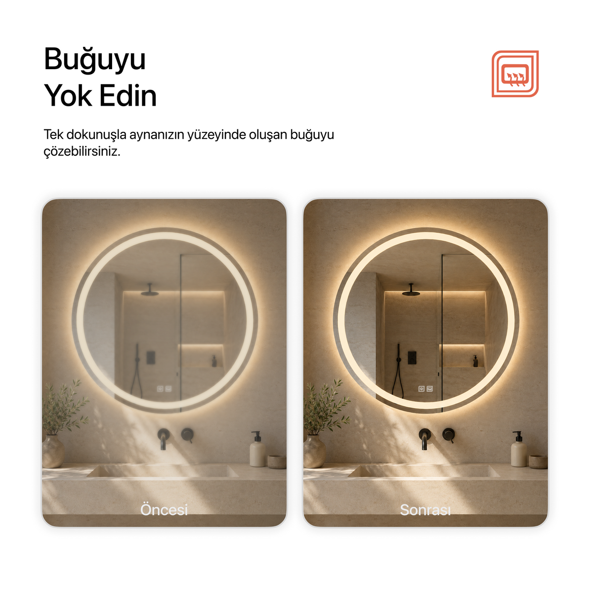 Buğu Çözücülü, Dokunmatik Tuşlu, LED Işıklı Yuvarlak Banyo Aynası - Gün Işığı