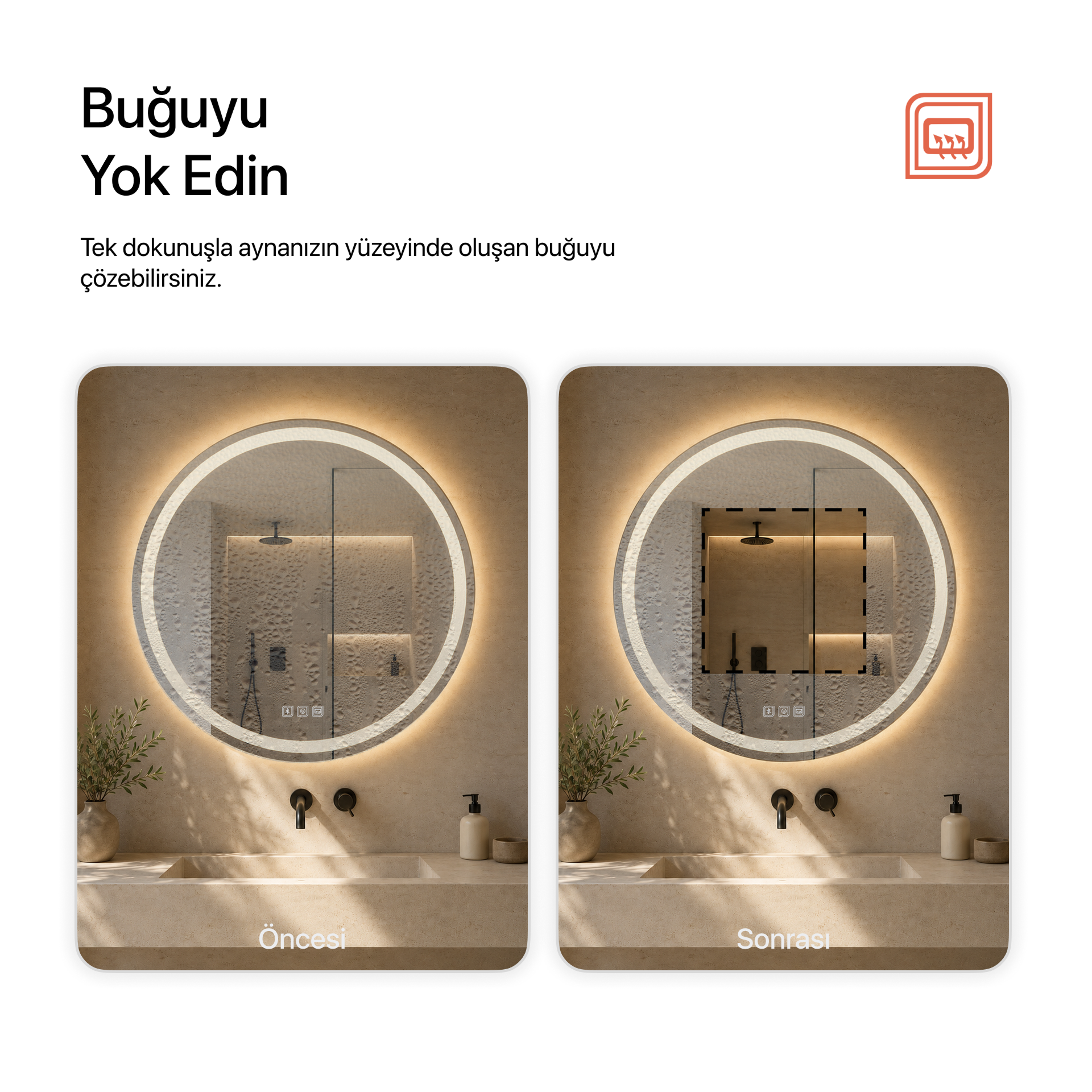 Bluetoothlu, Buğu Çözücülü, Dokunmatik LEDli Yuvarlak Ayna - Gün Işığı