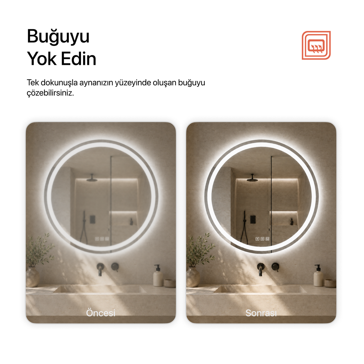 Bluetoothlu, Buğu Çözücülü, Dokunmatik LEDli Yuvarlak Ayna - Beyaz Işık