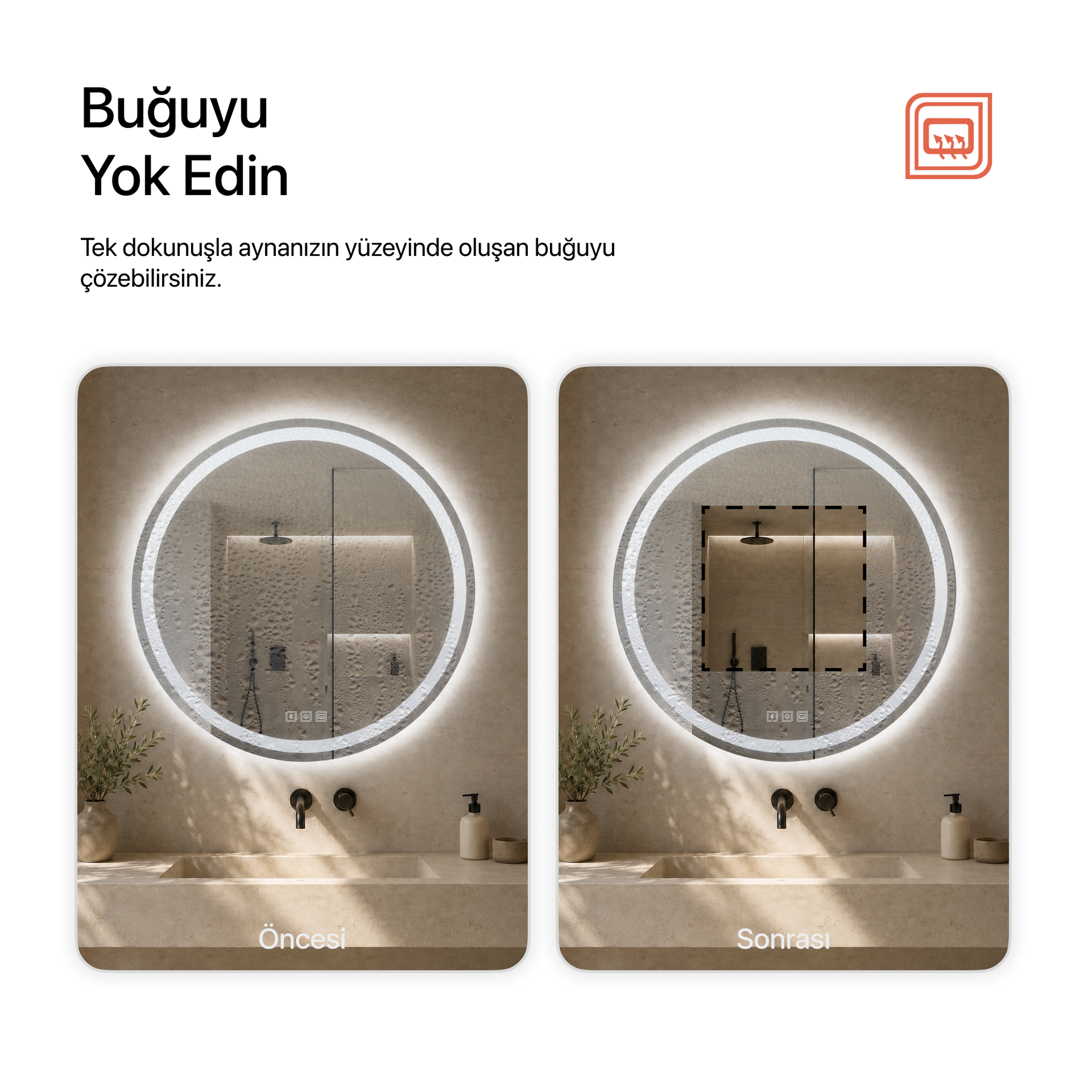 Bluetoothlu, Buğu Çözücülü, Dokunmatik LEDli Yuvarlak Ayna - Beyaz Işık