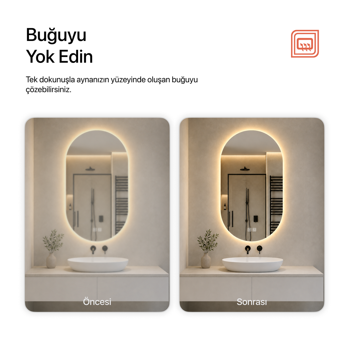 Kumlamasız Buğu Çözücülü, Dokunmatik Tuşlu, LED Işıklı Elips Banyo Aynası - Gün Işığı