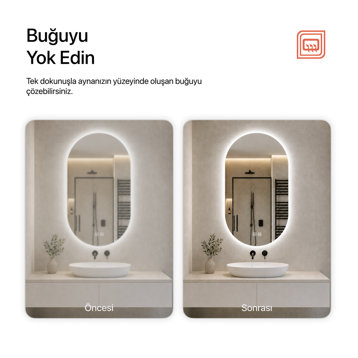 Kumlamasız Buğu Çözücülü, Dokunmatik Tuşlu, LED Işıklı Elips Banyo Aynası - Beyaz Işık