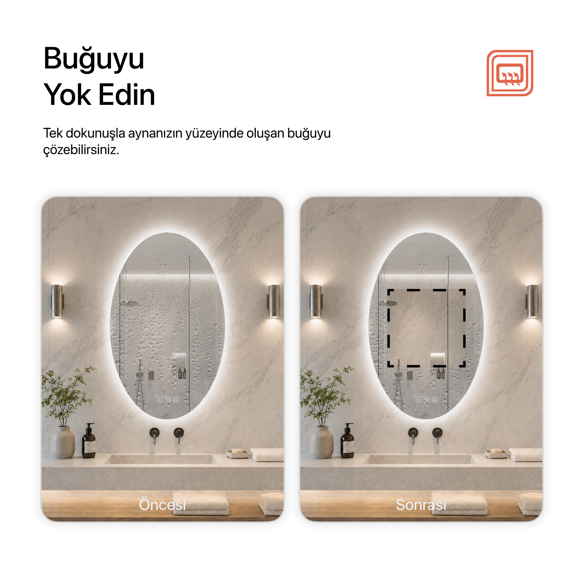 Kumlamasız Bluetoothlu, Buğu Çözücülü, Dokunmatik LEDli Elips Ayna - Beyaz Işık