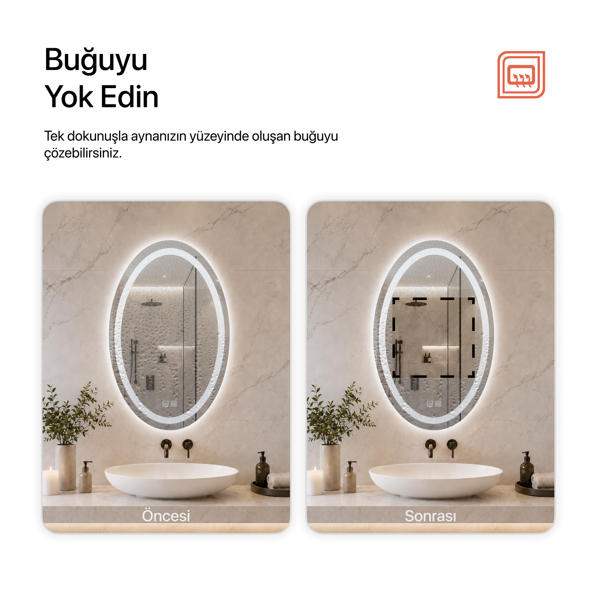 Buğu Çözücülü, Dokunmatik Tuşlu, LED Işıklı Elips Banyo Aynası - Beyaz Işık