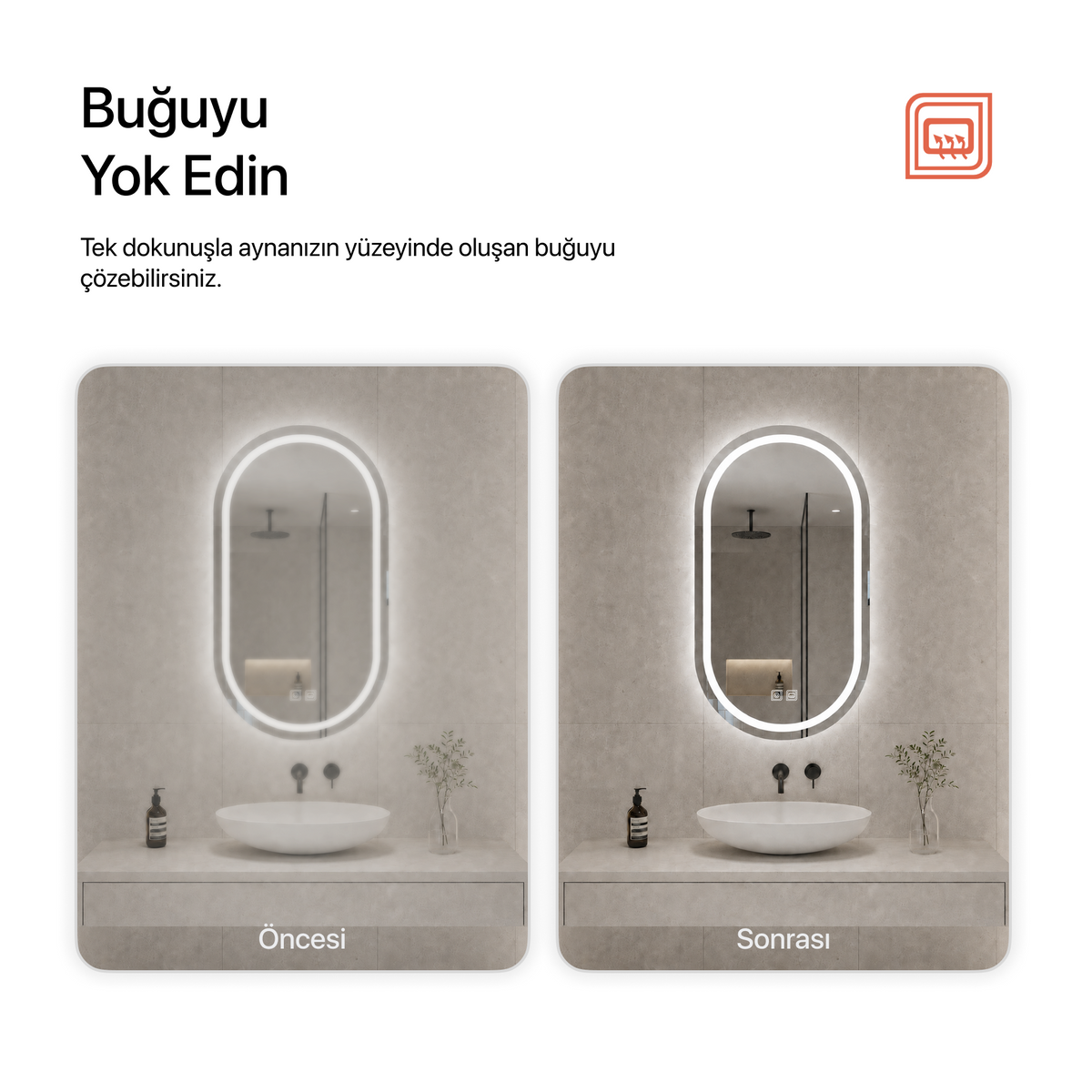 Buğu Çözücülü, Dokunmatik Tuşlu, LED Işıklı Elips Banyo Aynası - Beyaz Işık