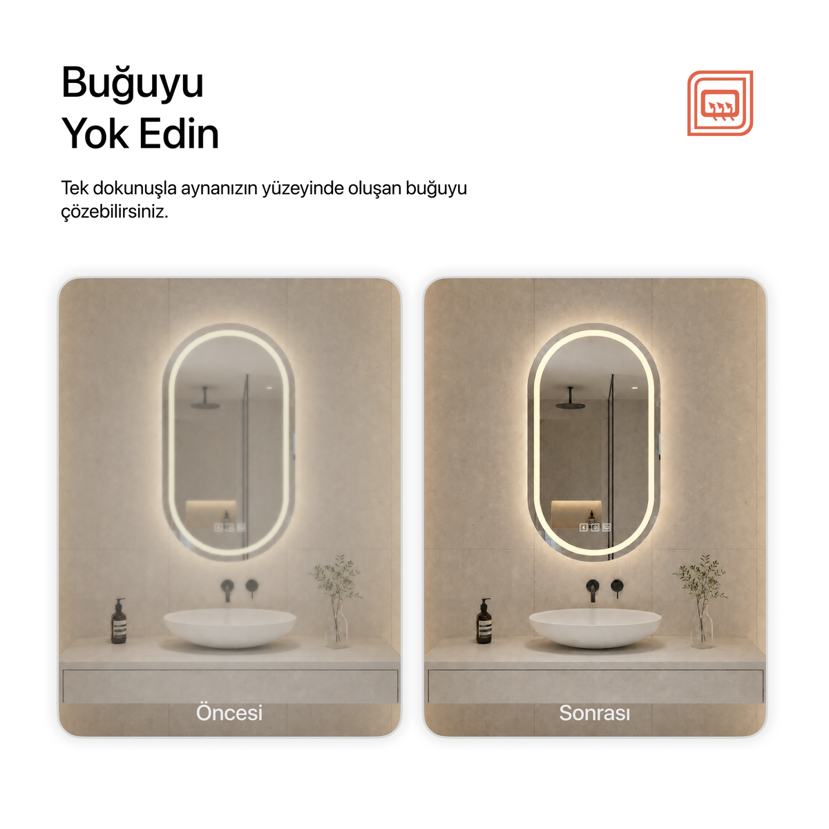 Bluetoothlu, Buğu Çözücülü, Dokunmatik LEDli Elips Ayna - Gün Işığı