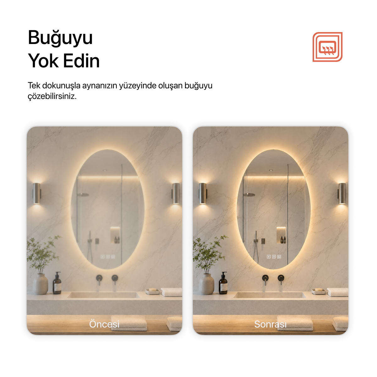 Kumlamasız Bluetoothlu, Buğu Çözücülü, Dokunmatik LEDli Oval Ayna - Gün Işığı