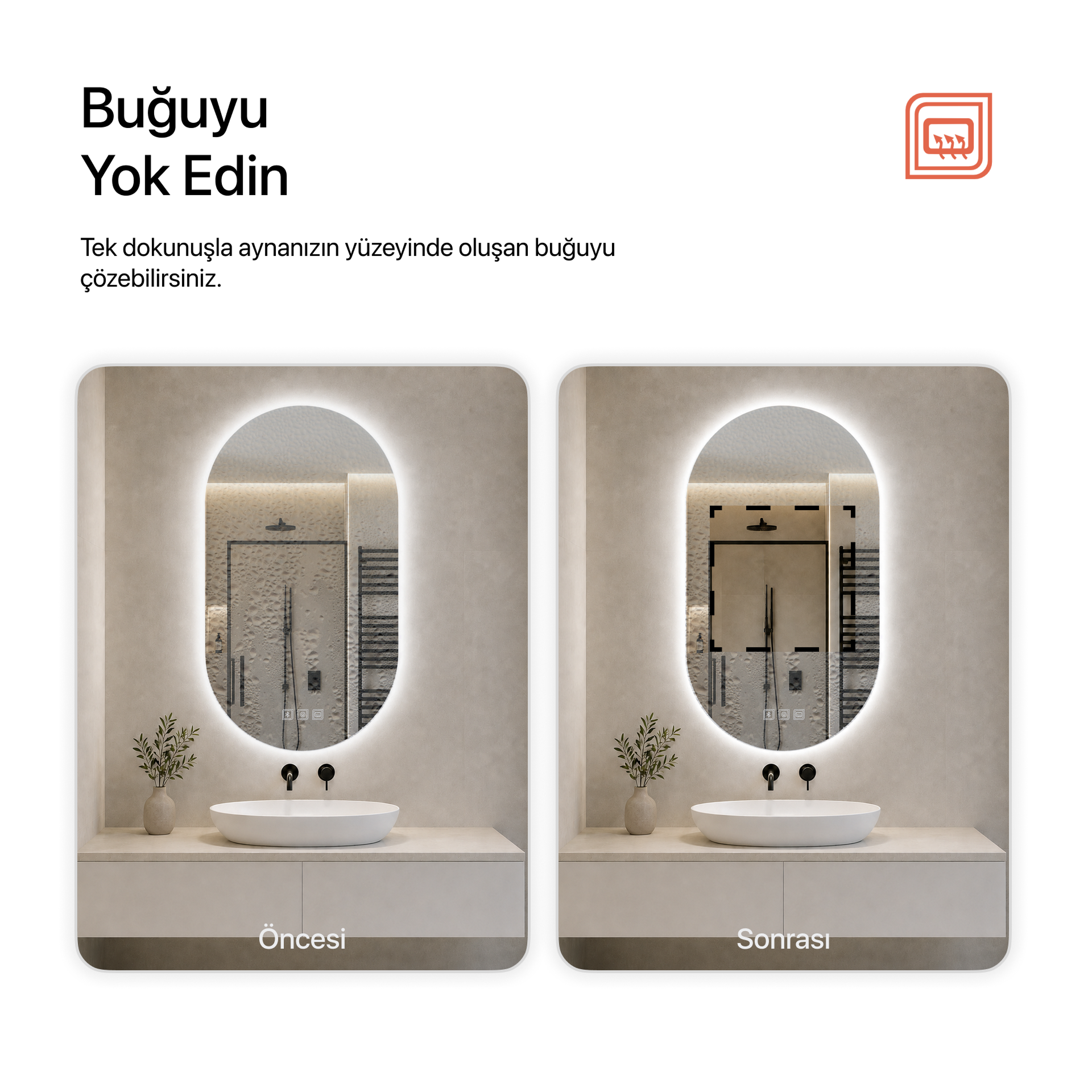 Kumlamasız Bluetoothlu, Buğu Çözücülü, Dokunmatik LEDli Oval Ayna - Beyaz Işık