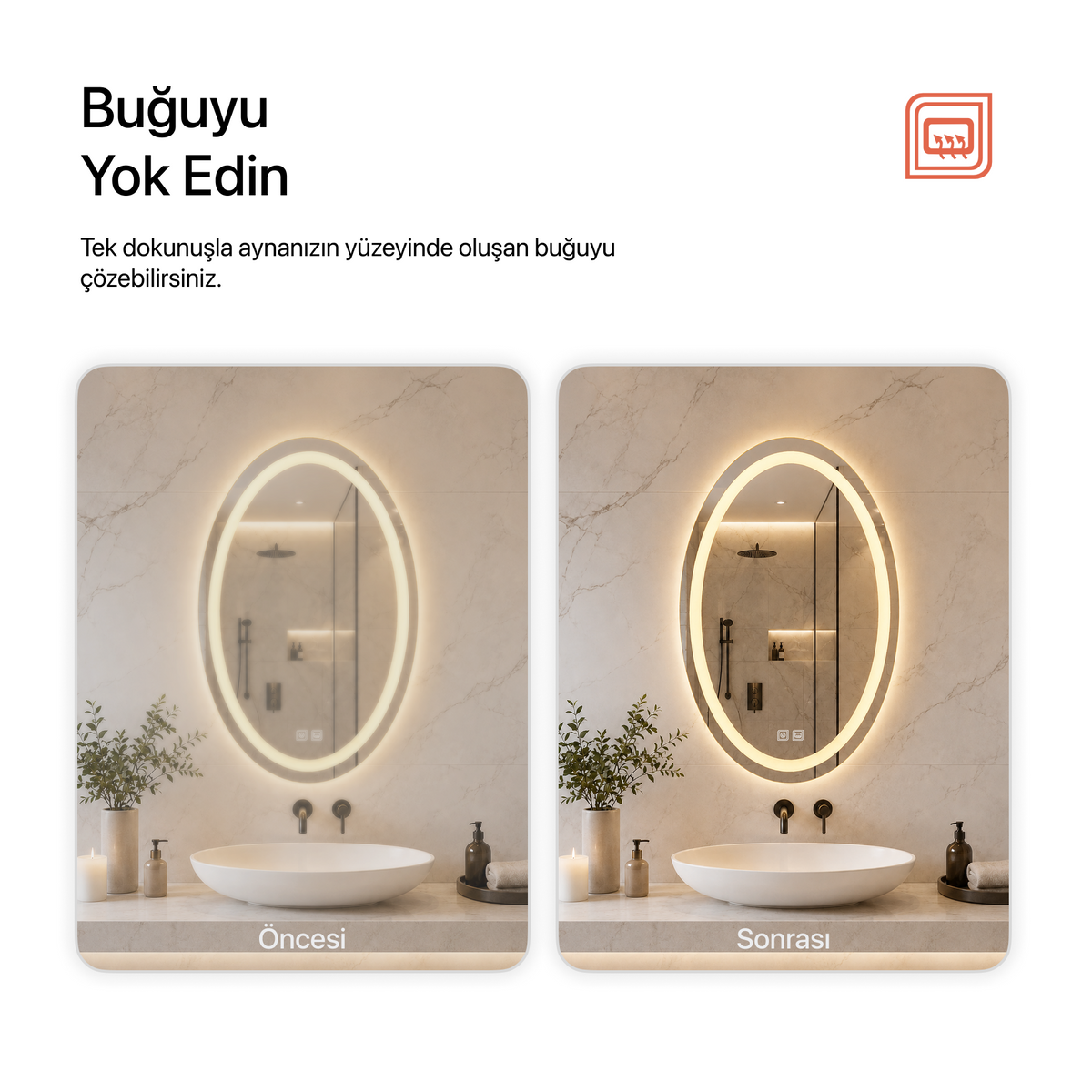 Buğu Çözücülü, Dokunmatik Tuşlu, LED Işıklı Oval Banyo Aynası - Gün Işığı
