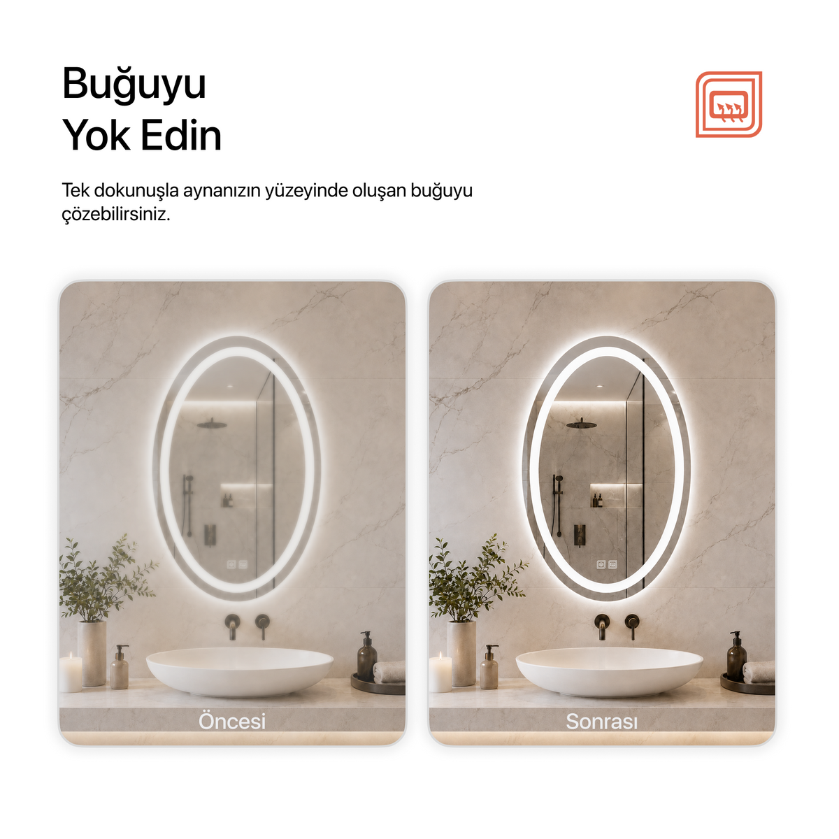 Buğu Çözücülü, Dokunmatik Tuşlu, LED Işıklı Oval Banyo Aynası - Beyaz Işık