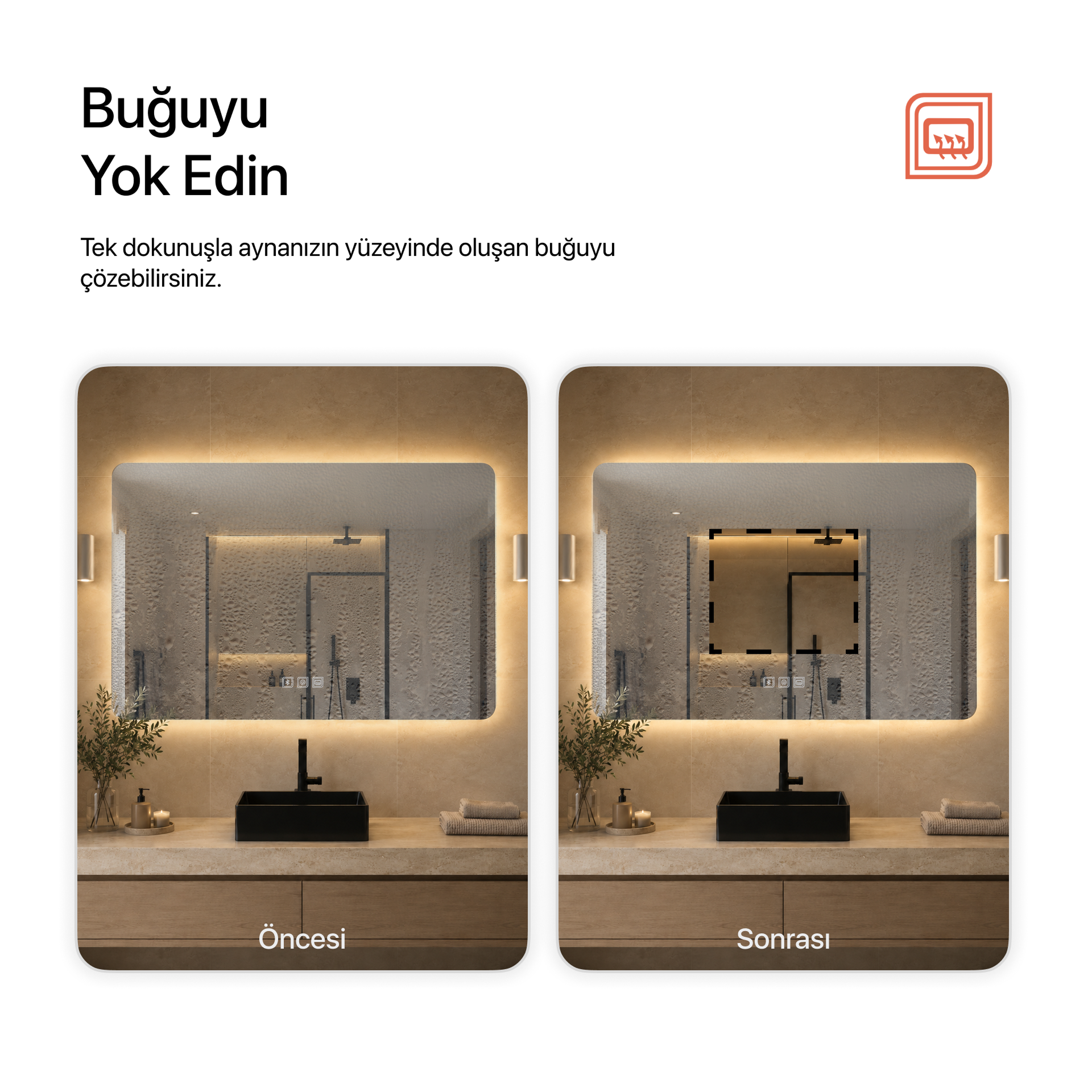 Kumlamasız Bluetoothlu, Buğu Çözücülü, Dokunmatik LEDli Dikdörtgen Ayna - Gün Işığı