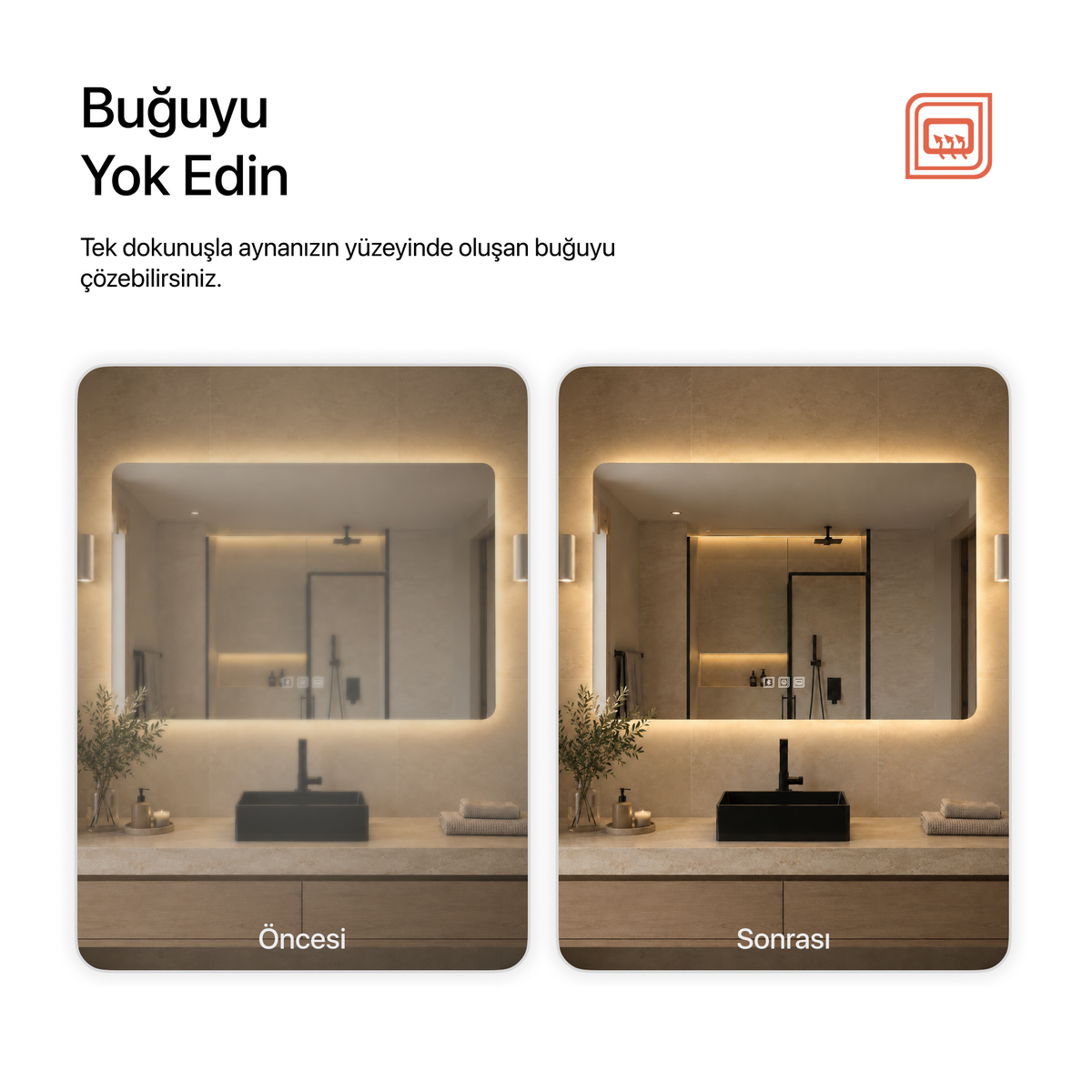 Kumlamasız Bluetoothlu, Buğu Çözücülü, Dokunmatik LEDli Dikdörtgen Ayna - Gün Işığı